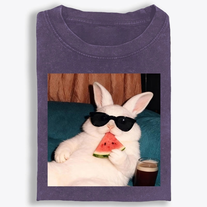 Rabbit Eating Watermelon Sunglasses Retro Washed T-Shirt