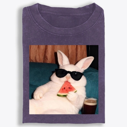 Rabbit Eating Watermelon Sunglasses Retro Washed T-Shirt