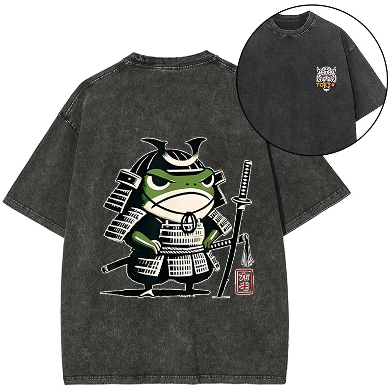 Magmoo Frog Samurai Japan Front Back Washed T-Shirt