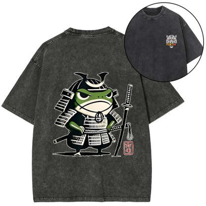 Magmoo Frog Samurai Japan Front Back Washed T-Shirt