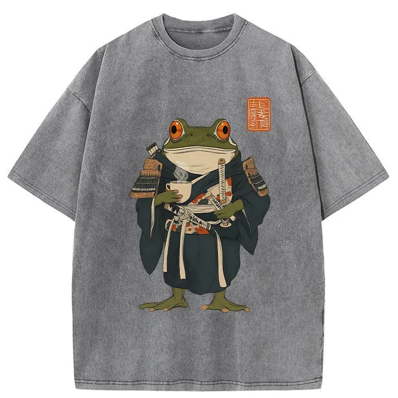 Magmoo Frog Samurai Drinking Tea Washed T-Shirt