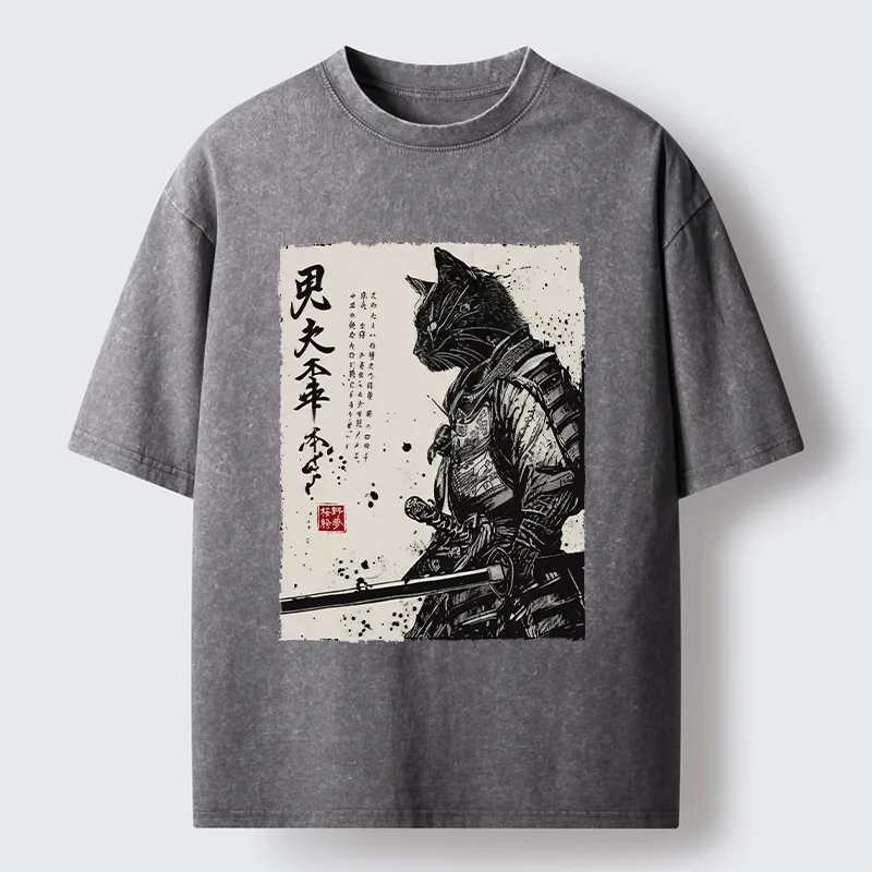 Magmoo Japanese Samurai Cat Funny Washed T-Shirt