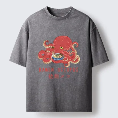 Magmoo Cute Octopus Eating Ramen Washed T-Shirt