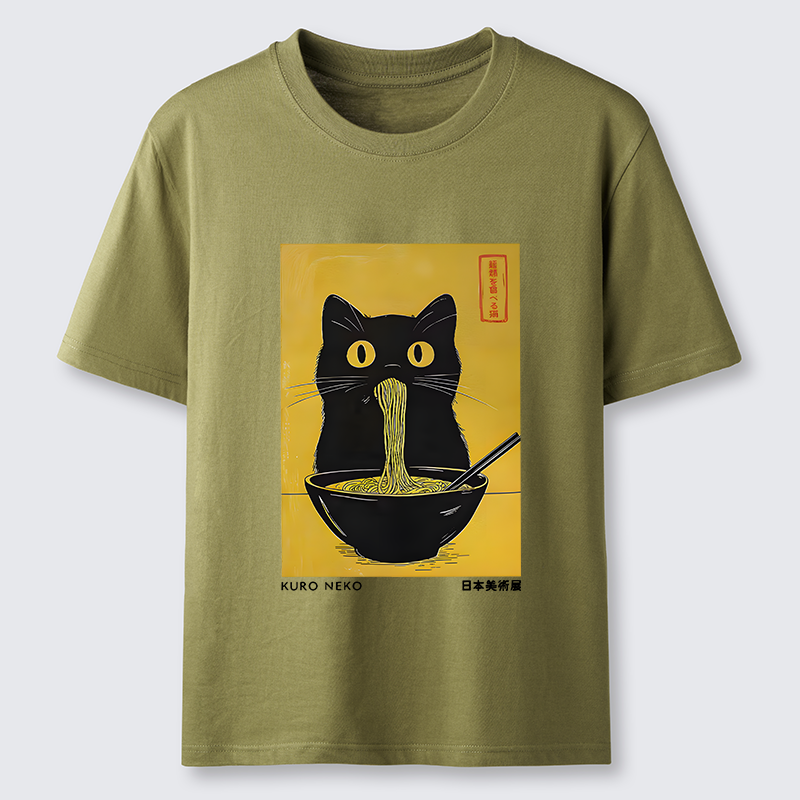 Magmoo Black Cat Eats Ramen In Big Bites Classic T-Shirt-Magmoo