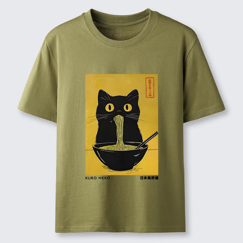 Magmoo Black Cat Eats Ramen In Big Bites Classic T-Shirt-Magmoo