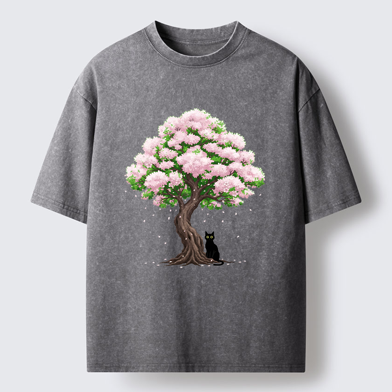 Magmoo Sakura And Cat Washed T-Shirt-Magmoo