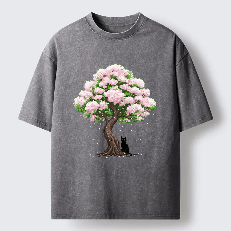 Magmoo Sakura And Cat Washed T-Shirt-Magmoo