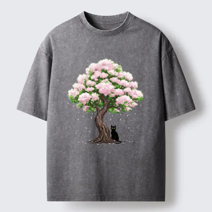 Magmoo Sakura And Cat Washed T-Shirt-Magmoo