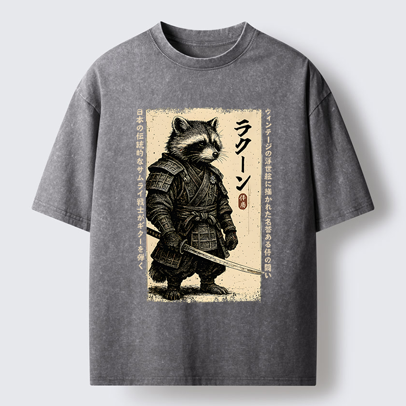 Magmoo Raccoon Japanese Samurai Washed T-Shirt