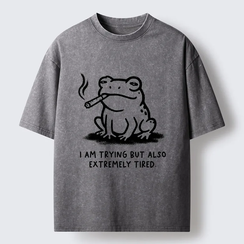 Magmoo Hardworking But Tired Frog Washed T-Shirt