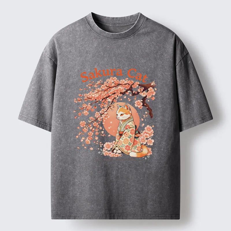 Magmoo Cat Under The Sakura Washed T-Shirt-Magmoo