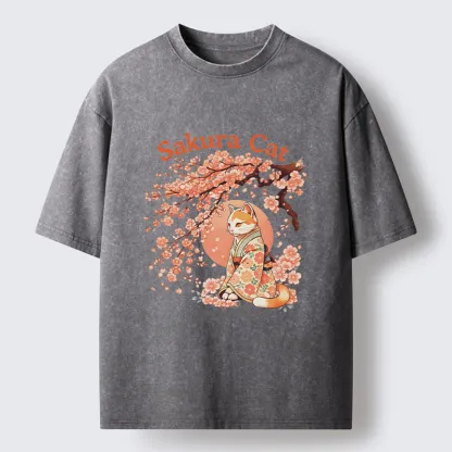 Magmoo Cat Under The Sakura Washed T-Shirt-Magmoo