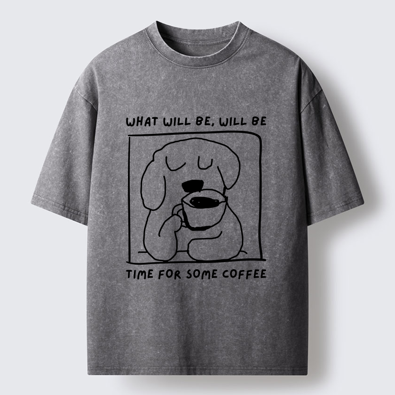 Magmoo Puppy Drinks Coffee Washed T-Shirt-Magmoo