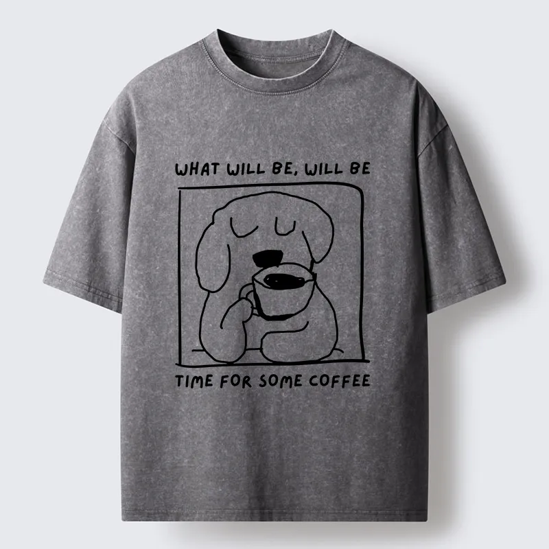 Magmoo Puppy Drinks Coffee Washed T-Shirt-Magmoo