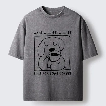 Magmoo Puppy Drinks Coffee Washed T-Shirt-Magmoo