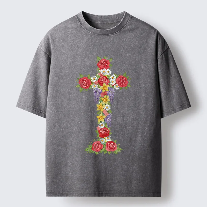 Magmoo Flower Cross Washed T-Shirt-Magmoo