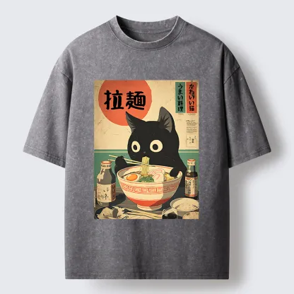Magmoo Cat Is Eating Ramen At The Restaurant Washed T-Shirt-Magmoo