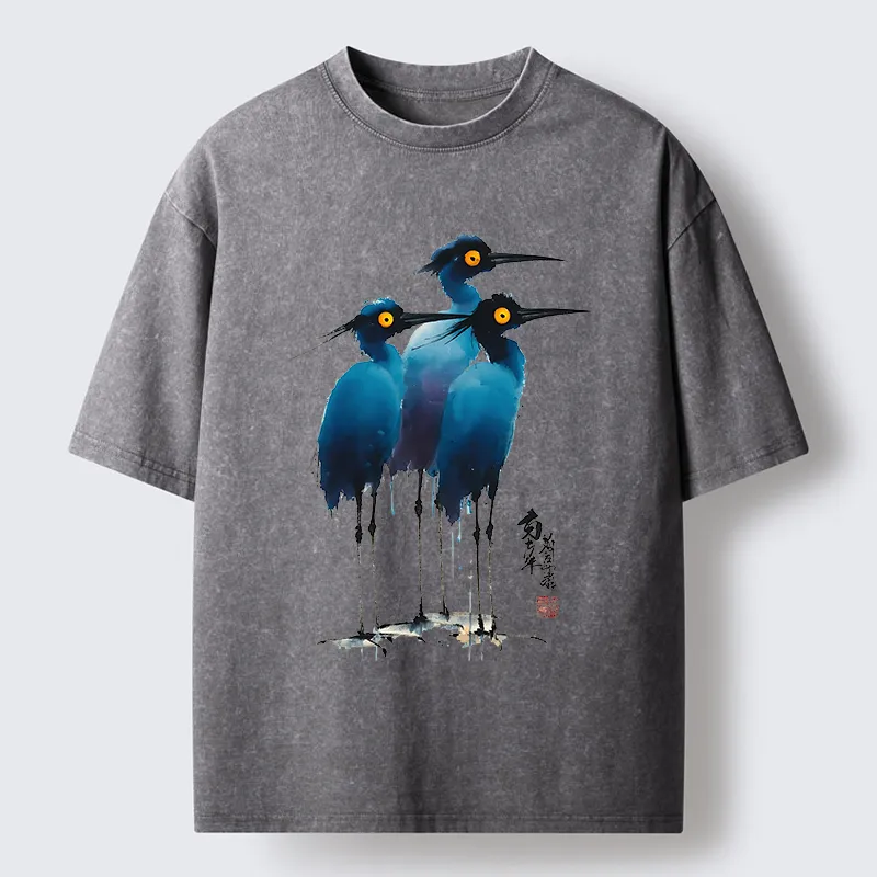 Magmoo Great Blue Heron Ink Painting Washed T-Shirt-Magmoo