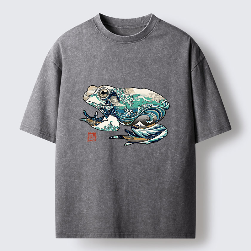 Magmoo Frogs And Ukiyo-e Waves Washed T-Shirt-Magmoo