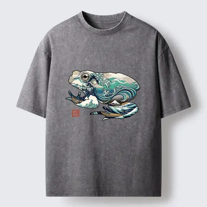 Magmoo Frogs And Ukiyo-e Waves Washed T-Shirt-Magmoo