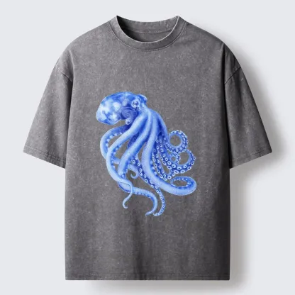 Magmoo Retro Blue Octopus Washed T-Shirt-Magmoo