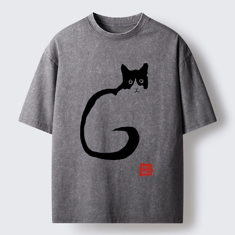 Magmoo Calm Cat in Simple Lines Washed T-Shirt-Magmoo