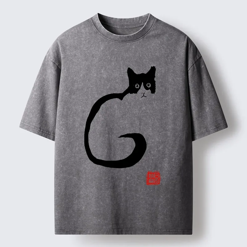 Magmoo Calm Cat in Simple Lines Washed T-Shirt-Magmoo