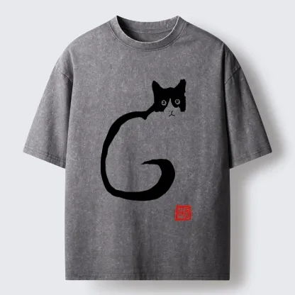 Magmoo Calm Cat in Simple Lines Washed T-Shirt-Magmoo