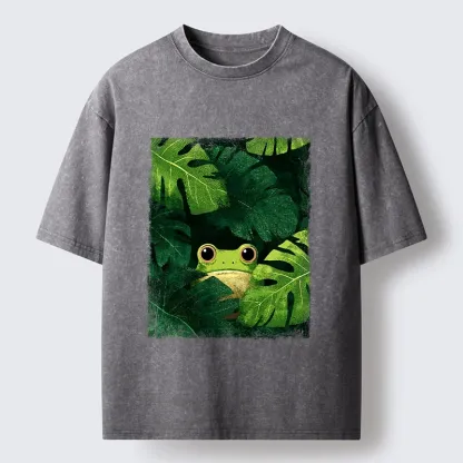 Magmoo Frog Hiding In Green Leaves Washed T-Shirt