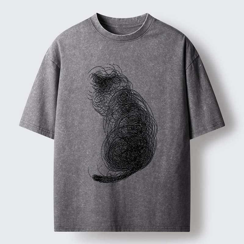 Magmoo Chaotic Line Art Of A Curled Cat Washed T-Shirt-Magmoo