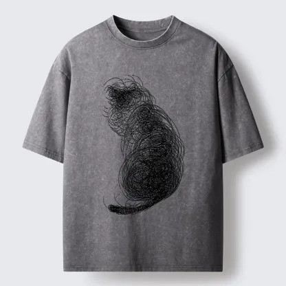 Magmoo Chaotic Line Art Of A Curled Cat Washed T-Shirt-Magmoo