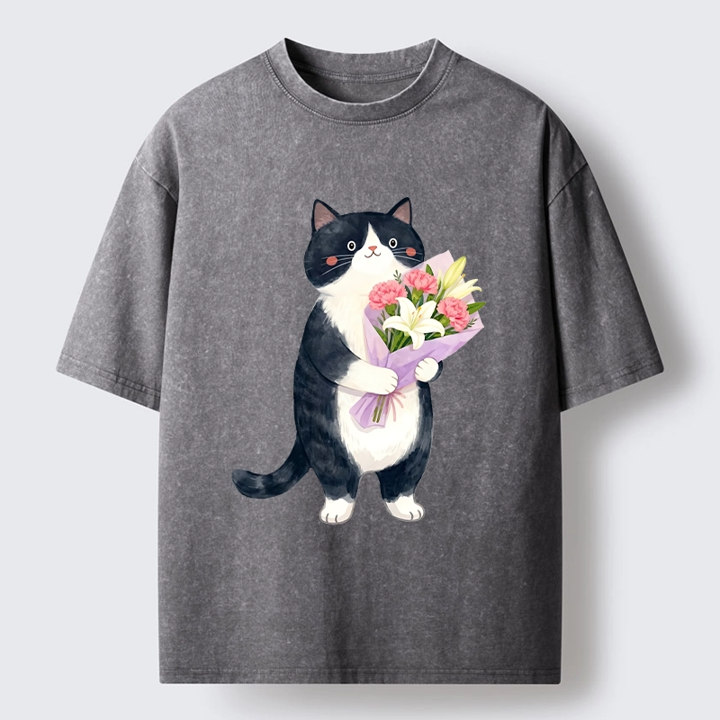 Magmoo Sweet Cat Delivers Flowers Washed T-Shirt-Magmoo