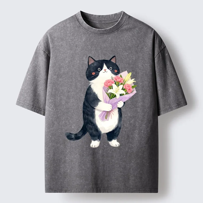 Magmoo Sweet Cat Delivers Flowers Washed T-Shirt-Magmoo