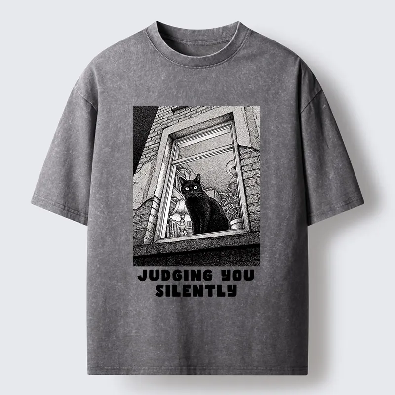 Magmoo The Judging Black Cat Washed T-Shirt-Magmoo