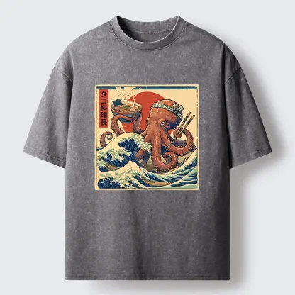 Magmoo Ukiyo-E Octopus Ramen Master Washed T-Shirt