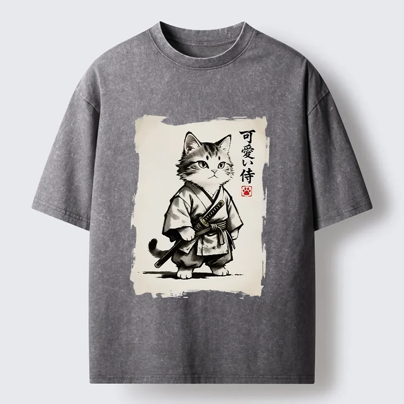 Magmoo Japanese Samurai Cat Illustration Washed T-Shirt