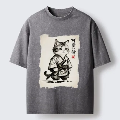 Magmoo Japanese Samurai Cat Illustration Washed T-Shirt