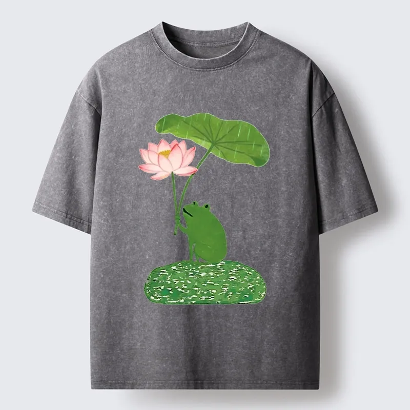Magmoo Frog With Lotus Umbrella Meme Washed T-Shirt