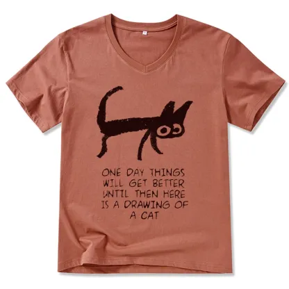 Magmoo Cat Cheer Up Drawing V-Neck Classic T-Shirt-Magmoo