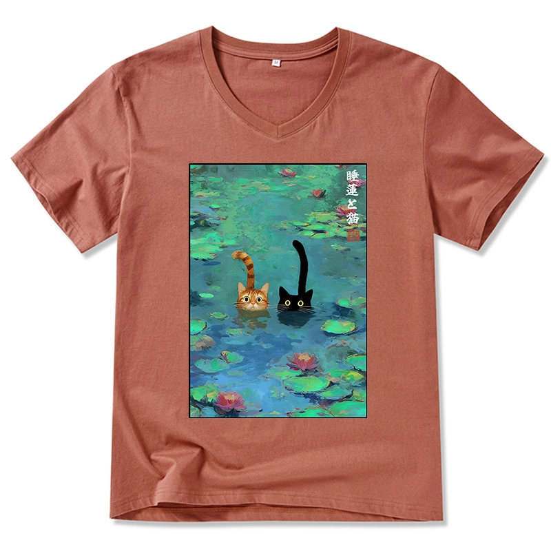 Magmoo Funny Cats Swimming In Lilies V-Neck Classic T-Shirt-Magmoo