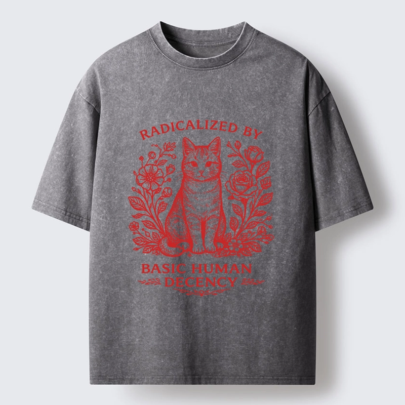 Magmoo Cat Roses Radical Human Decency Washed T-Shirt