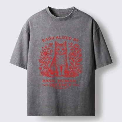 Magmoo Cat Roses Radical Human Decency Washed T-Shirt