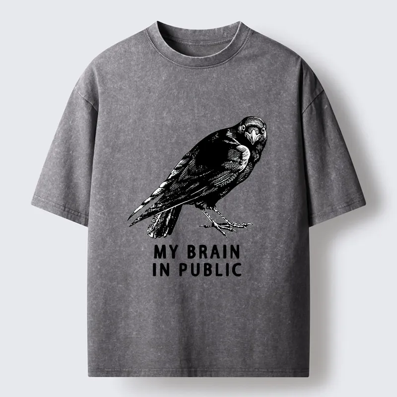 Magmoo Black Crow Public Brain Funny Art Washed T-Shirt