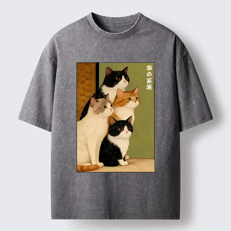 Magmoo Funny Japanese Cat Family Portrait Washed T-Shirt