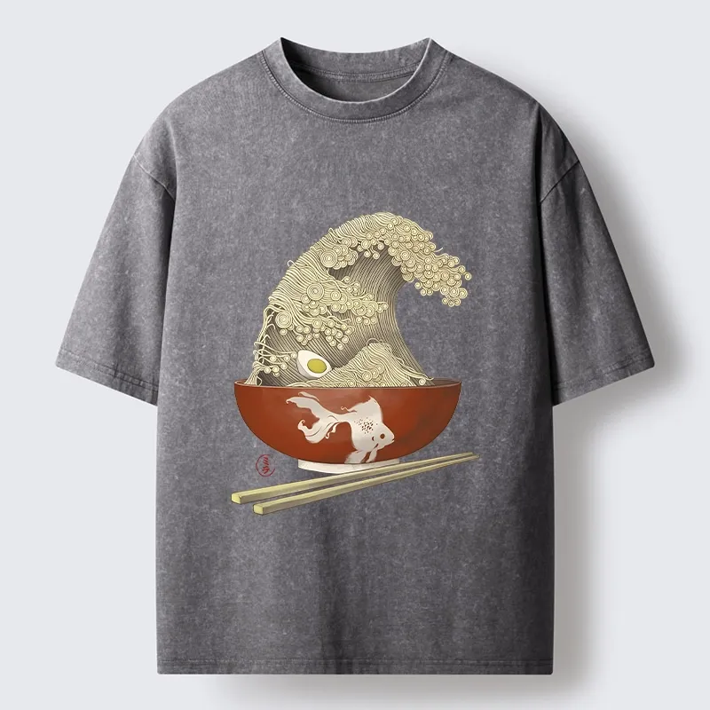 Magmoo Kanagawa Noodle Wave Food Art Washed T-Shirt