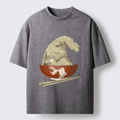 Magmoo Kanagawa Noodle Wave Food Art Washed T-Shirt