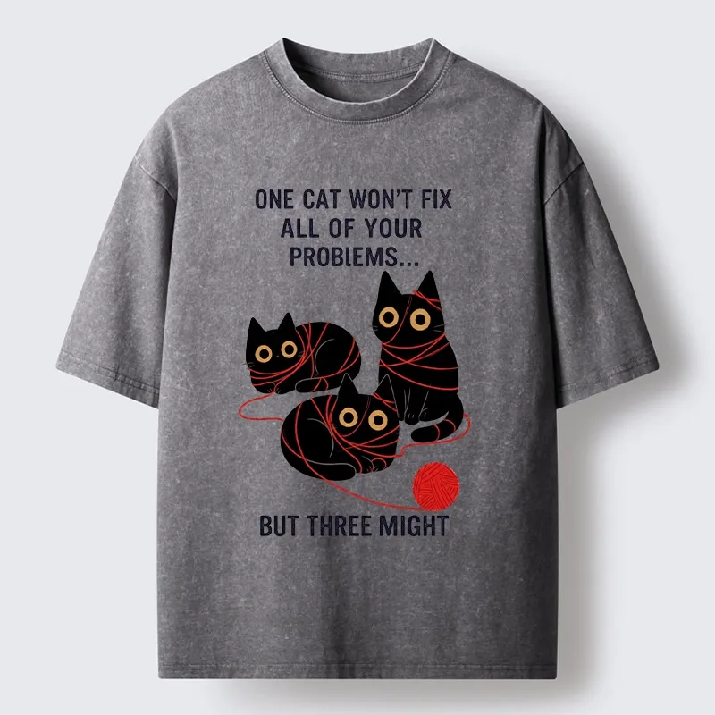 Magmoo Three Cats Fix All Problems Washed T-Shirt