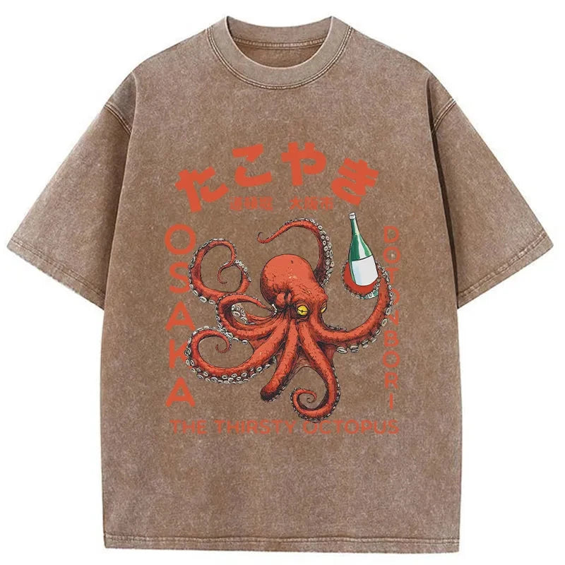 Magmoo Octopus Drinks Soju Washed T-Shirt