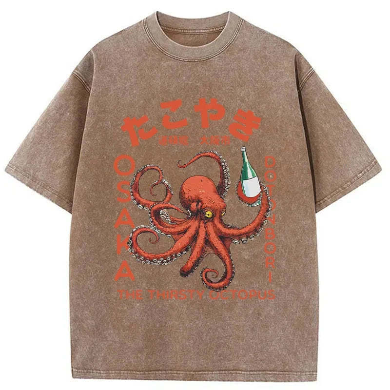 Magmoo Octopus Drinks Soju Washed T-Shirt
