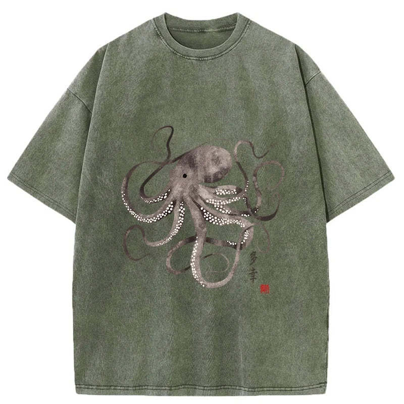 Magmoo Octopus Japanese Calligraphy Washed T-Shirt